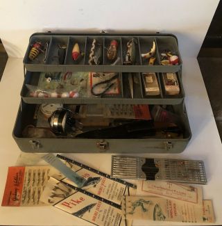 Vintage My Buddy Falls City Fishing Tackle Box & Tackle.  Zebco 33,  Fillet Knife