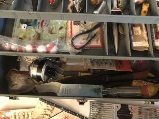 Vintage My Buddy Falls City Fishing Tackle Box & Tackle.  Zebco 33,  Fillet Knife 3