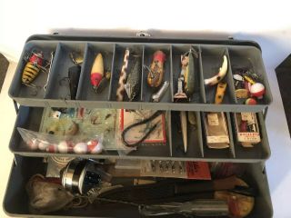 Vintage My Buddy Falls City Fishing Tackle Box & Tackle.  Zebco 33,  Fillet Knife 5