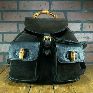 Vintage Gucci Black Suede Bamboo Backpack Daypack Travel Tote Shoulder Bag Italy