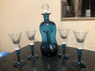Vintage 1960s Holmegaard Blue Kuttrolf/cluck - Cluck Decanter & 4 Glasses