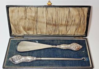 Large Silver Cased Matching Set - Button Hook Shoe Horn J & R Griffin 1912