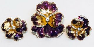 Vintage Trifari Brooch And Clip On Earrings Set Purple Pansy Flower Rhinestone