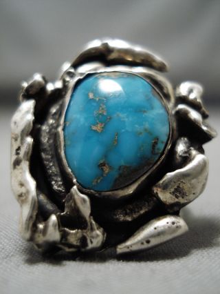 Exquisite Vintage Navajo Blue Gem Turquoise Sterling Silver Ring Old