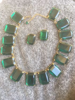 Vintage Emerald Green Bezel Faceted Glass Open Back Necklace Earring Demi Set