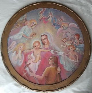 Vintage Painting Blessed Virgin Mary Jesus Madonna Mother Child Angels 30 "