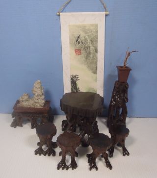 Antique Chinese dollhouse miniature hand carved root wood furniture c.  early 1900 2