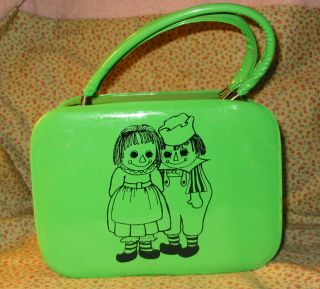 Vintage 1960s Lime Green Vinyl Raggedy Ann Andy Purse Travel Doll Carry Case