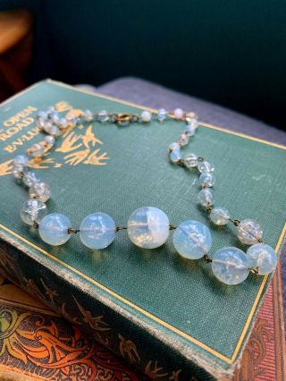 Antique Edwardian Opal Glass Bead Necklace Moonglow 1900 1910