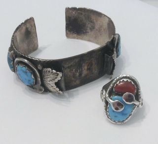Vintage Sterling Silver Turquoise Signed Effie C Zuni Ring Bracelet Set Old Pawn