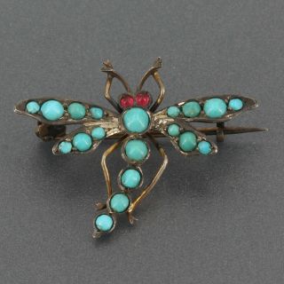 Small Antique Victorian Vermeil 800 Silver Gilt Turquoise Cabochon Dragonfly Pin