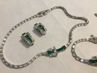Mazer Emerald N Clear Rhinestone Invisible Set Necklace Earrings Bracelet Signed