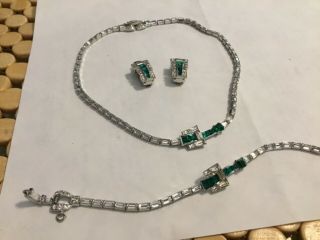 Mazer Emerald n Clear Rhinestone Invisible Set Necklace Earrings Bracelet Signed 2