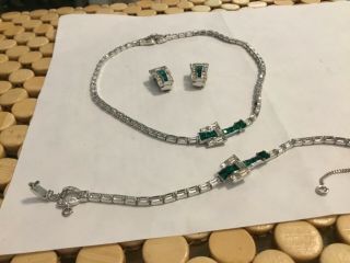 Mazer Emerald n Clear Rhinestone Invisible Set Necklace Earrings Bracelet Signed 4