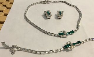 Mazer Emerald n Clear Rhinestone Invisible Set Necklace Earrings Bracelet Signed 5