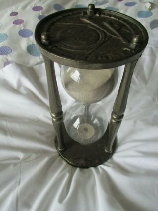 Unusual Antique Vintage Large Sand Hourglass Timer Metal Unknown Globe Compass