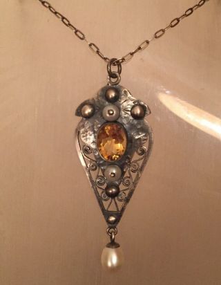 Vintage Sterling Silver Hand Made Arts And Crafts Citrine Pearl Pendant Necklace