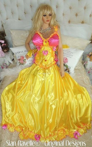 Sian Ravelle Luxury Yellow Pink Satin Corset Skirt Sissy Dress Gown Big Breasts