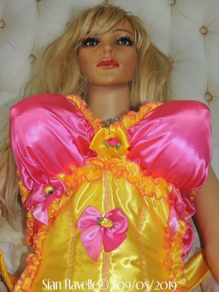 Sian Ravelle LUXURY Yellow Pink Satin Corset Skirt Sissy Dress Gown Big Breasts 2