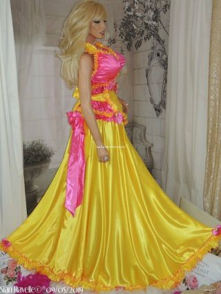 Sian Ravelle LUXURY Yellow Pink Satin Corset Skirt Sissy Dress Gown Big Breasts 4