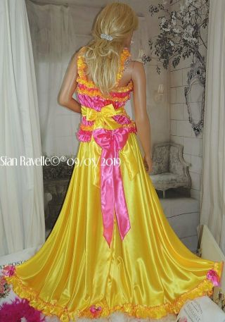 Sian Ravelle LUXURY Yellow Pink Satin Corset Skirt Sissy Dress Gown Big Breasts 6
