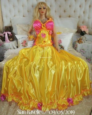 Sian Ravelle LUXURY Yellow Pink Satin Corset Skirt Sissy Dress Gown Big Breasts 7