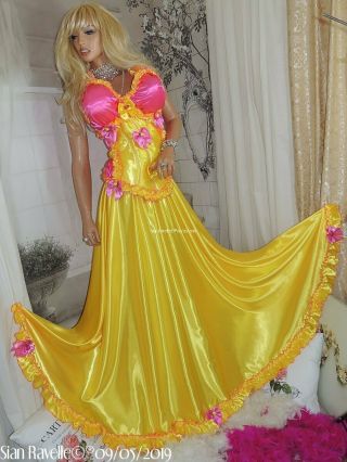 Sian Ravelle LUXURY Yellow Pink Satin Corset Skirt Sissy Dress Gown Big Breasts 8