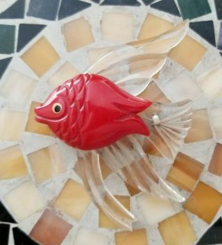 Vintage Carved Fish Lucite Bakelite Cameo Red Brooch Rare