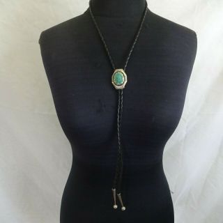 Vintage NAVAJO Sterling Silver TURQUOISE BOLO Tie,  Leather Cord Sterling Tips 2