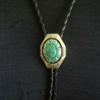 Vintage NAVAJO Sterling Silver TURQUOISE BOLO Tie,  Leather Cord Sterling Tips 3