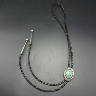 Vintage NAVAJO Sterling Silver TURQUOISE BOLO Tie,  Leather Cord Sterling Tips 4