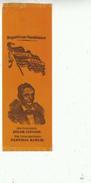 Rare Vintage Silk Abraham Lincoln (spelled.  Abram) - Hann Hamlin Campaign Ribbon