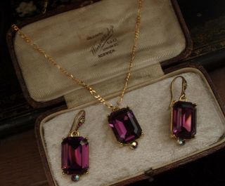Vintage Amethyst Purple & Ab Crystal Pendant Necklace & Earrings Set.  18 X 14mm