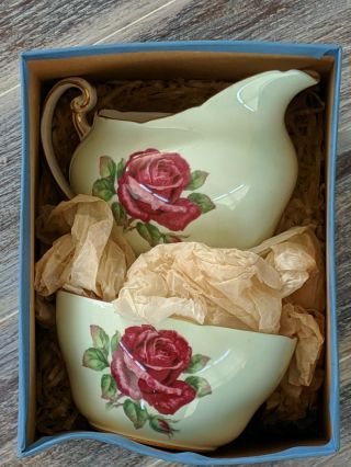Vintage Paragon English Bone China Sugar & Creamer Set Dark Pink Roses Gold Trim 8