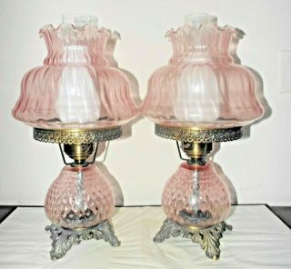 Gone With The Wind Pair Vintage Fancy 3 - Way Pink Swirled Glass Hurricane Lamps