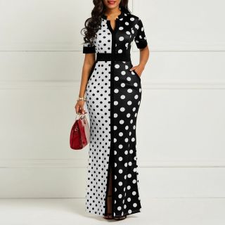 Vintage Polka Dot White Black Printed Retro Women Summer Short Sleeve Plus Size