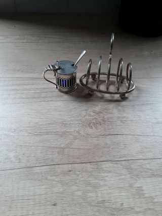 Antique Solid Silver Toast Rack With Mustard Pot And Spoon.