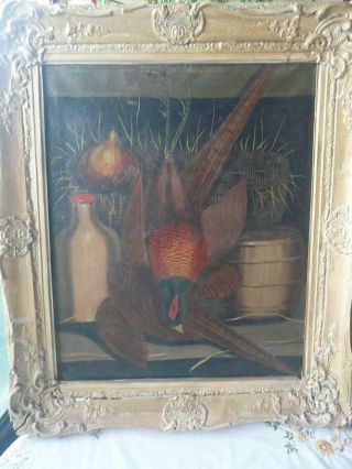 Antique Early 20th Century Anglo Chinese School Oil Painting Still Life Pheasant