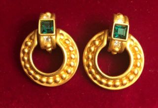 Givenchy Vintage Earrings Haute Couture Emerald Rhinestones Gold Door Knocker