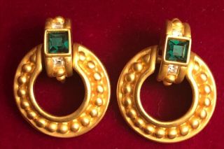 GIVENCHY Vintage Earrings Haute Couture Emerald Rhinestones Gold Door Knocker 3