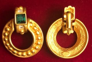 GIVENCHY Vintage Earrings Haute Couture Emerald Rhinestones Gold Door Knocker 4