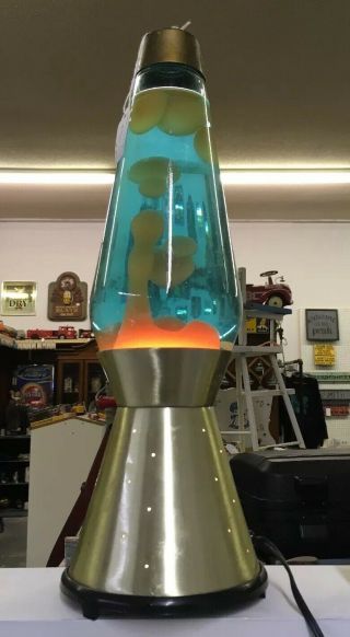 Jumbo Vintage Lava Lamp 16” High Neon Blue Green / Yellow Lava Gold Base - Cap