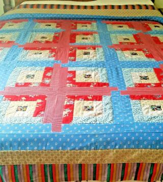 Vintage Quilt Handmade Queen 76 X 82 " Bright Colors Pink Red Light Blue