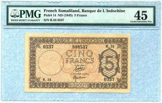 French Somaliland Djibouti 5 Francs 1945 P14 Pmg45xf Choice Rare