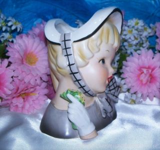 RELPO lg 6 Lady HEADVASE Enesco Girl HEAD VASE VINTAGE BLONDE BONNET Mnty 4