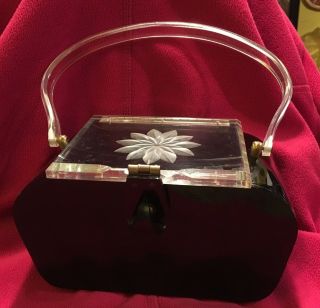Black Vintage Carved Lid With Piano Hinge Lucite Purse By Patricia Of Miami