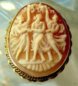 14k Solid Gold Italy Finely Carved 3 Graces Shell Cameo Pin Brooch Pendant 6.  6g