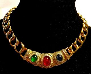 Vntg Christian Dior Ruby Emerald Sapphire Gripoix Glass Cabochons Necklace