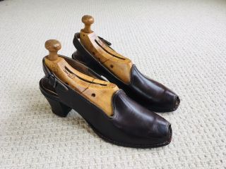 Vintage 1940’s Nos Brown Leather Peep Toe Slingback Shoes Heels Size 10