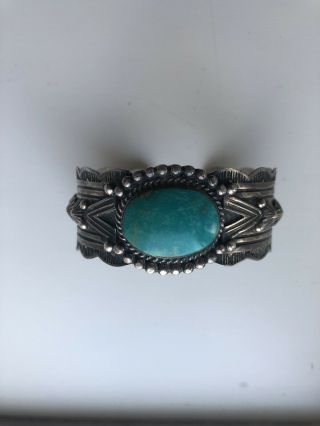 Vintage Native American Sterling Silver & Turquoise Cuff Bracelet - Very Detailed